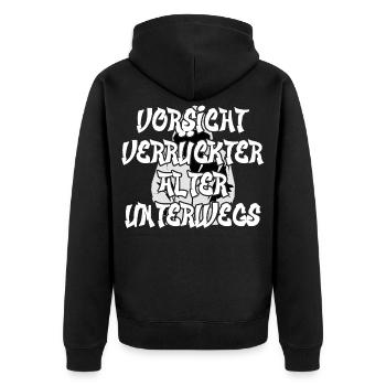 Vorsicht verrückter Alter unterwegs - Unisex Premium Bio Zip Hoodie - Schwarz - Hinten - Nico (187cm)