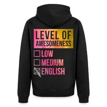Englisch - Unisex Premium Bio Zip Hoodie - Schwarz - Hinten - Nico (187cm)