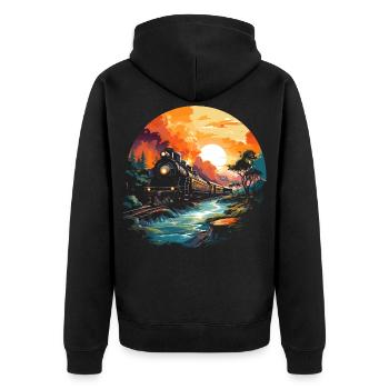 Eisenbahn Porträt - Unisex Premium Bio Zip Hoodie - Schwarz - Hinten - Nico (187cm)