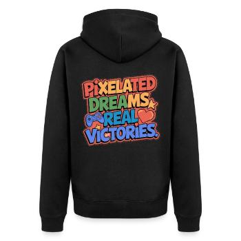 PIXELIGE TRÄUME, ECHTE SIEGE, SPIELE - Unisex Premium Bio Zip Hoodie - Schwarz - Hinten - Nico (187cm)