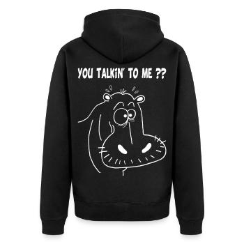 Weißes Nilpferd - Unisex Premium Bio Zip Hoodie - Schwarz - Hinten - Nico (187cm)