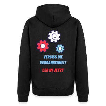 Vergiss die Vergangenheit, Leb im Jetzt - Unisex Premium Bio Zip Hoodie - Schwarz - Hinten - Nico (187cm)
