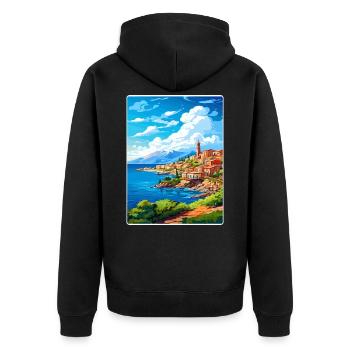 Chania Griechenland Reise Poster Souvenir Malerei WPA - Unisex Premium Bio Zip Hoodie - Schwarz - Hinten - Nico (187cm)