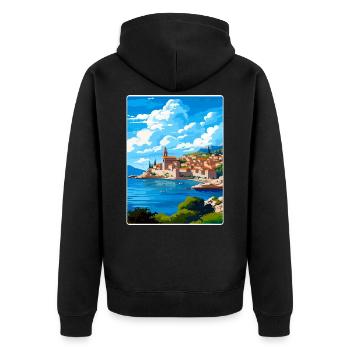 Dubrovnik Kroatien Reise Poster Souvenir Farbe WPA - Unisex Premium Bio Zip Hoodie - Schwarz - Hinten - Nico (187cm)