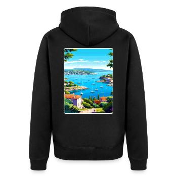 Cote Dazur Frankreich Reise Poster Souvenir Farbe WPA - Unisex Premium Bio Zip Hoodie - Schwarz - Hinten - Nico (187cm)