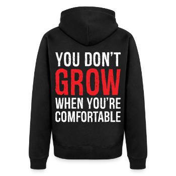 Du wachst nicht, wenn du dich wohlfühlst - Unisex Premium Bio Zip Hoodie - Schwarz - Hinten - Nico (187cm)