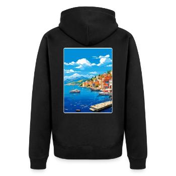 Agios Nikolaos Griechenland Reiseposter Souvenir WPA - Unisex Premium Bio Zip Hoodie - Schwarz - Hinten - Nico (187cm)