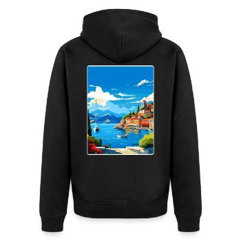 Parga Griechenland Reise Poster Souvenir Postkarte Farbe - Unisex Premium Bio Zip Hoodie - Schwarz - Hinten - Nico (187cm)