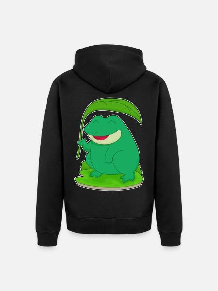 Frosch mit Blatt als Sonnenschirm - Unisex Premium Bio Zip Hoodie - Schwarz
