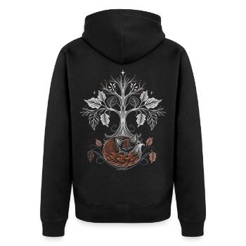 Schlafender Fuchs unter Lebensbaum - Herbstnacht - Unisex Premium Bio Zip Hoodie - Schwarz - Hinten - Nico (187cm)