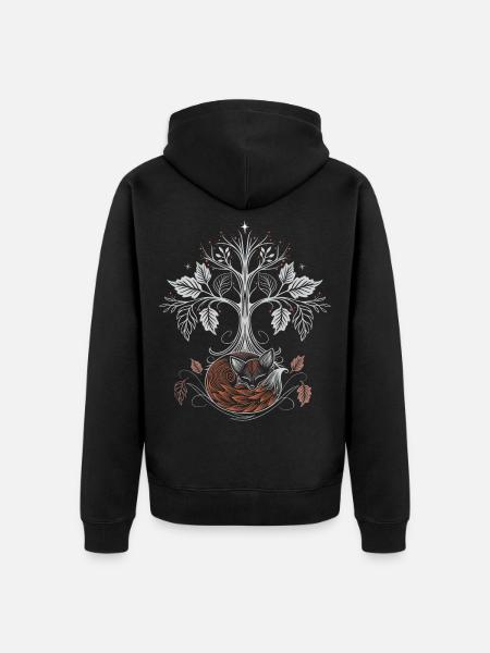 Schlafender Fuchs unter Lebensbaum - Herbstnacht - Unisex Premium Bio Zip Hoodie - Schwarz