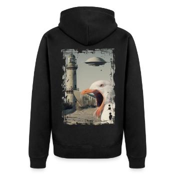 UFO - Möwe - Rostock - Teepot - Warnemünde - Unisex Premium Bio Zip Hoodie - Schwarz - Hinten - Nico (187cm)