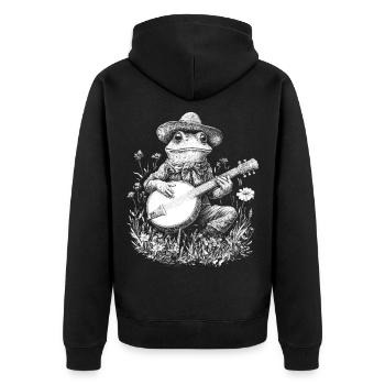 Cottagecore Banjo Blumen Frosch mit Gitarre Natur - Unisex Premium Bio Zip Hoodie - Schwarz - Hinten - Nico (187cm)