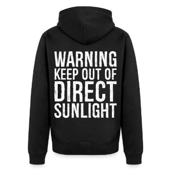 Warnung Vor direkter Sonneneinstrahlung schützen lustig - Unisex Premium Bio Zip Hoodie - Schwarz - Hinten - Nico (187cm)