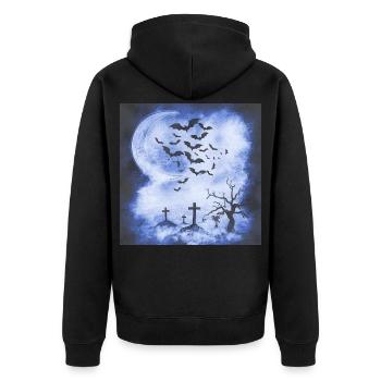 Mondnacht über dem Friedhof mit Fledermäusen - Unisex Premium Bio Zip Hoodie - Schwarz - Hinten - Nico (187cm)