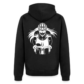 Radfahrerin Zeichnung - Unisex Premium Bio Zip Hoodie - Schwarz - Hinten - Nico (187cm)