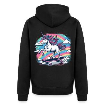 Regenbogen Einhorn Skateboard - Unisex Premium Bio Zip Hoodie - Schwarz - Hinten - Nico (187cm)