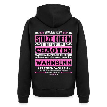 stolze Chefin einer truppe genialer Chaoten - Unisex Premium Bio Zip Hoodie - Schwarz - Hinten - Nico (187cm)