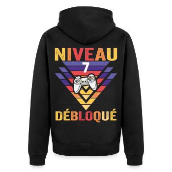Level 7 Freigeschaltetes Geschenk 7 Jahre alter Gamer Geek Lustig - Unisex Premium Bio Zip Hoodie - Schwarz - Hinten - Nico (187cm)