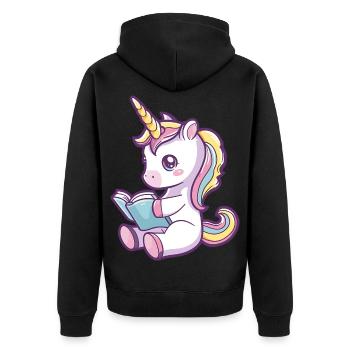 Niedliches Einhorn Cartoon liest ein Buch - Unisex Premium Bio Zip Hoodie - Schwarz - Hinten - Nico (187cm)