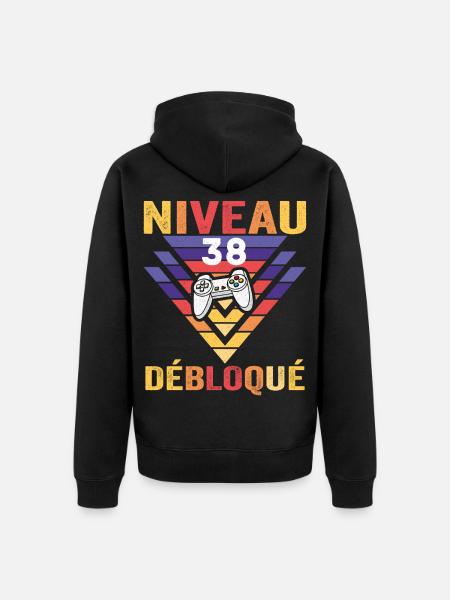 Niveau 38 Débloqué Cadeau 38 Ans Gamer Geek Drôle - Premium økologisk unisex-hættejakke - sort