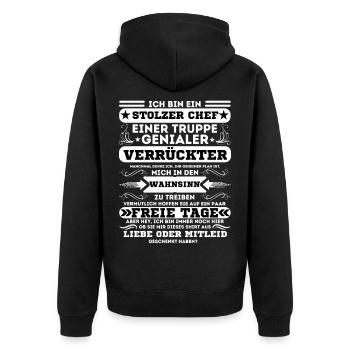 EIN STOLZER CHEF EINER TRUPPE GENIALER VERRÜCKTER - Unisex Premium Bio Zip Hoodie - Schwarz - Hinten - Nico (187cm)
