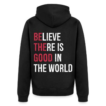 believe there is good in the world - Unisex Premium Organic Zip Hoodie - black - Back - Nico (187cm)