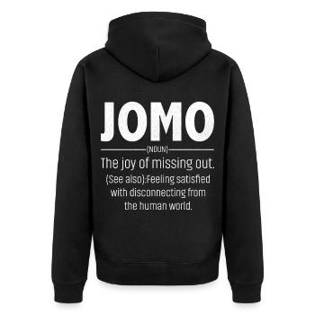 jomo defination - Unisex Premium Bio Zip Hoodie - Schwarz - Hinten - Nico (187cm)