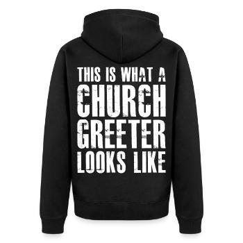 this is what a church greeter looks like - Unisex Premium Organic Zip Hoodie - black - Back - Nico (187cm)