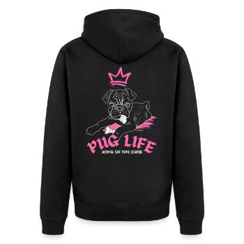 Pug Life – Mops King of the Crib - Unisex Premium Bio Zip Hoodie - Schwarz - Hinten - Nico (187cm)