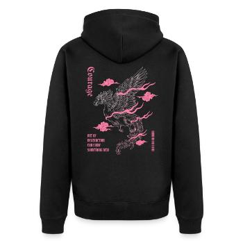 Courage – Phoenix Wiedergeburt Design - Unisex Premium Bio Zip Hoodie - Schwarz - Hinten - Nico (187cm)