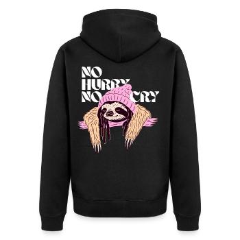 No Hurry, No Cry – Entspanntes Reggae-Faultier - Unisex Premium Bio Zip Hoodie - Schwarz - Hinten - Nico (187cm)