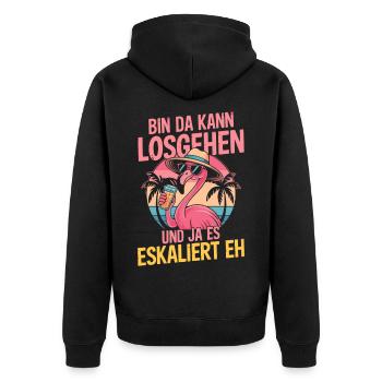 Party Flamingo Sommer Spruch Bin da kannlosgehen - Unisex Premium Bio Zip Hoodie - Schwarz - Hinten - Nico (187cm)