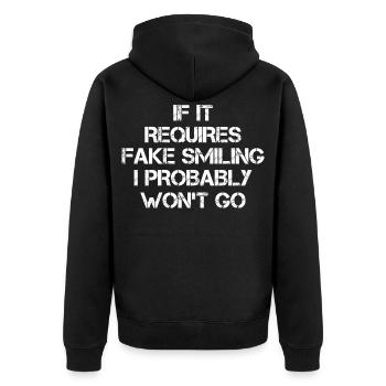 If it requires fake smiling I probably won't go - Unisex Premium Bio Zip Hoodie - Schwarz - Hinten - Nico (187cm)