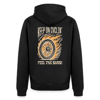 Keep on Cyclin’ – Feuriges Fahrradrad - Unisex Premium Bio Zip Hoodie - Schwarz - Hinten - Nico (187cm)