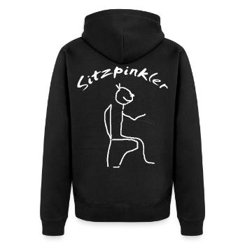 Sitzpinkler Mann auf Toilette Klo - Unisex Premium Bio Zip Hoodie - Schwarz - Hinten - Nico (187cm)