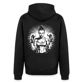 Weiblicher Boxer - Unisex Premium Bio Zip Hoodie - Schwarz - Hinten - Nico (187cm)