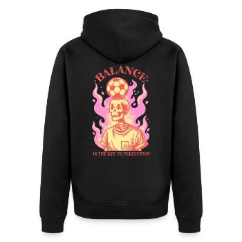 Balance & Flames – Fußballkunst mit Schädel - Unisex Premium Bio Zip Hoodie - Schwarz - Hinten - Nico (187cm)