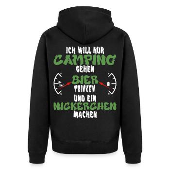 Camping, Bier und Nickerchen - Lustiges Design - Unisex Premium Bio Zip Hoodie - Schwarz - Hinten - Nico (187cm)