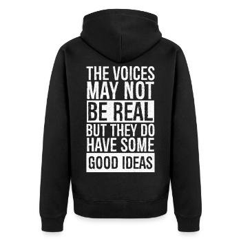 the voices may not be real but they do have some - Unisex Premium Bio Zip Hoodie - Schwarz - Hinten - Nico (187cm)