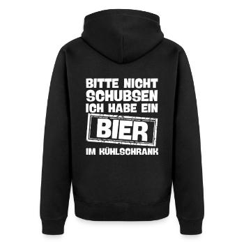 nicht schubsen habe bier im kühlschrank lustig - Unisex Premium Bio Zip Hoodie - Schwarz - Hinten - Nico (187cm)