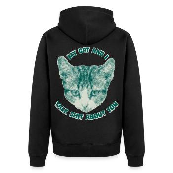 Sassy Cat Talk – Lustiges Katzenmotiv - Unisex Premium Bio Zip Hoodie - Schwarz - Hinten - Nico (187cm)