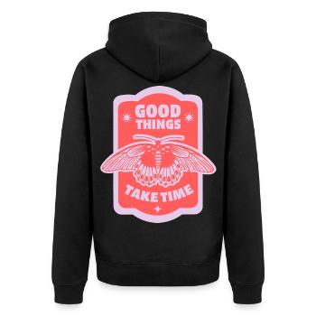 Geduld & Wachstum – Ästhetisches Motiv - Unisex Premium Bio Zip Hoodie - Schwarz - Hinten - Nico (187cm)