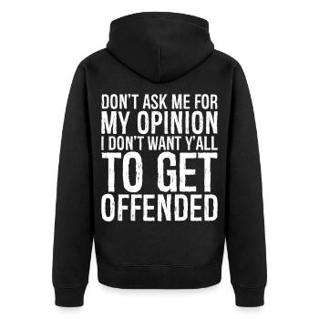 fragt mich nicht nach meiner Meinung, ich will euch alle nicht - Unisex Premium Bio Zip Hoodie - Schwarz - Hinten - Nico (187cm)