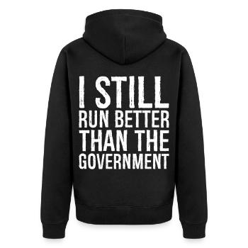 I still run better than the government - Unisex Premium Organic Zip Hoodie - black - Back - Nico (187cm)