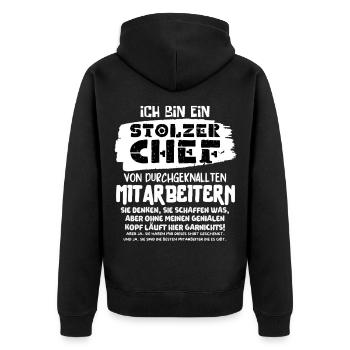 EIN STOLZER CHEF VON DURCHGEKNALLTEN MITARBEITERN - Unisex Premium Bio Zip Hoodie - Schwarz - Hinten - Nico (187cm)