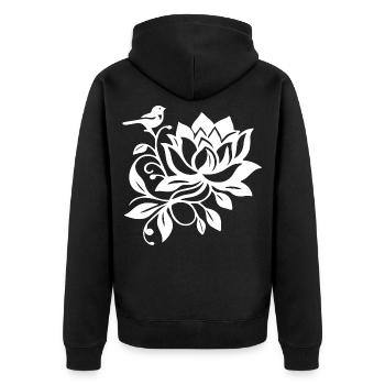 Der weiße Lotus und der Vogel - Unisex Premium Bio Zip Hoodie - Schwarz - Hinten - Nico (187cm)