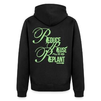 Eco Message – Reduce Reuse Replant - Unisex Premium Bio Zip Hoodie - Schwarz - Hinten - Nico (187cm)