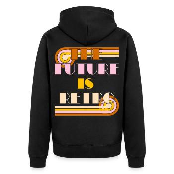 The Future is Retro – 70s Nostalgie Statement - Unisex Premium Bio Zip Hoodie - Schwarz - Hinten - Nico (187cm)
