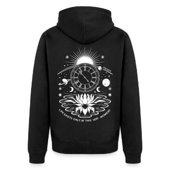 Present Moment | Alan Watts Lotus Design - Unisex Premium Organic Zip Hoodie - black - Back - Nico (187cm)